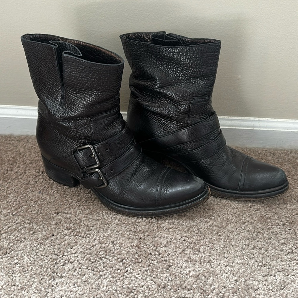 MIU MIU Black Bison Leather Double Buckle Boots